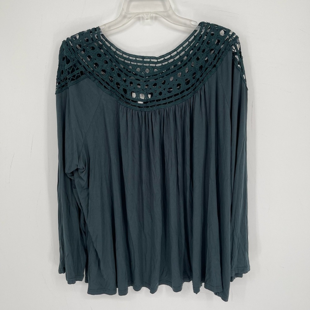 Amaryllis Women' Green Crochet Lace Yoke Long Sleeve Boho Blouse Plus Size 3XL